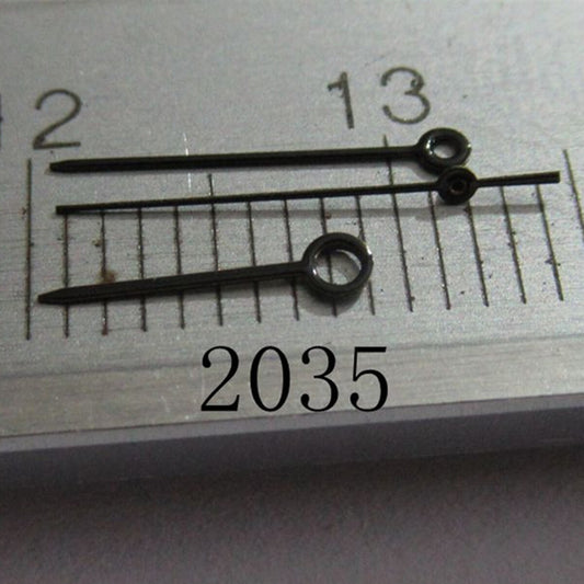Black painted needle-shaped watch hands set for Miyota 2035 series, enhancing classic timepiece precision.