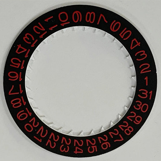 Red font date disk wheel on black background, compatible with NH35 watch movement, precision replacement part.