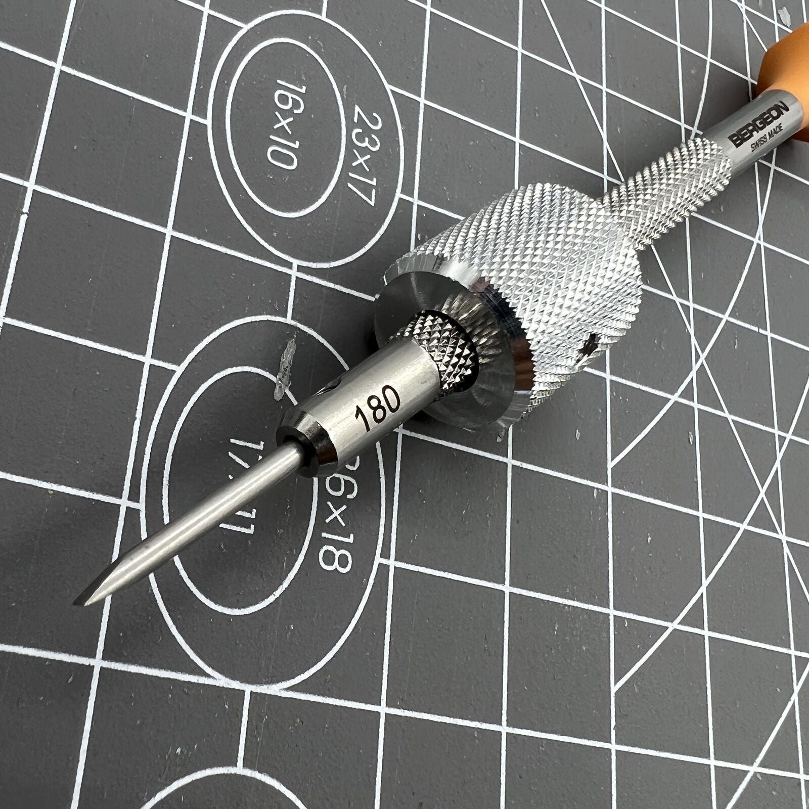 Swiss Made Bergeon 30081-TAM-180 precision 1.80mm drum barrel screwdriver for watch repair tasks.