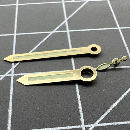 Golden trim green luminous watch hands for ST3600 movement, enhancing visibility and style.