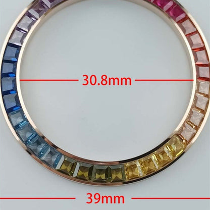 39mm golden trim watch bezel with imitation diamond gemstones, designed for VK63 movement,.
