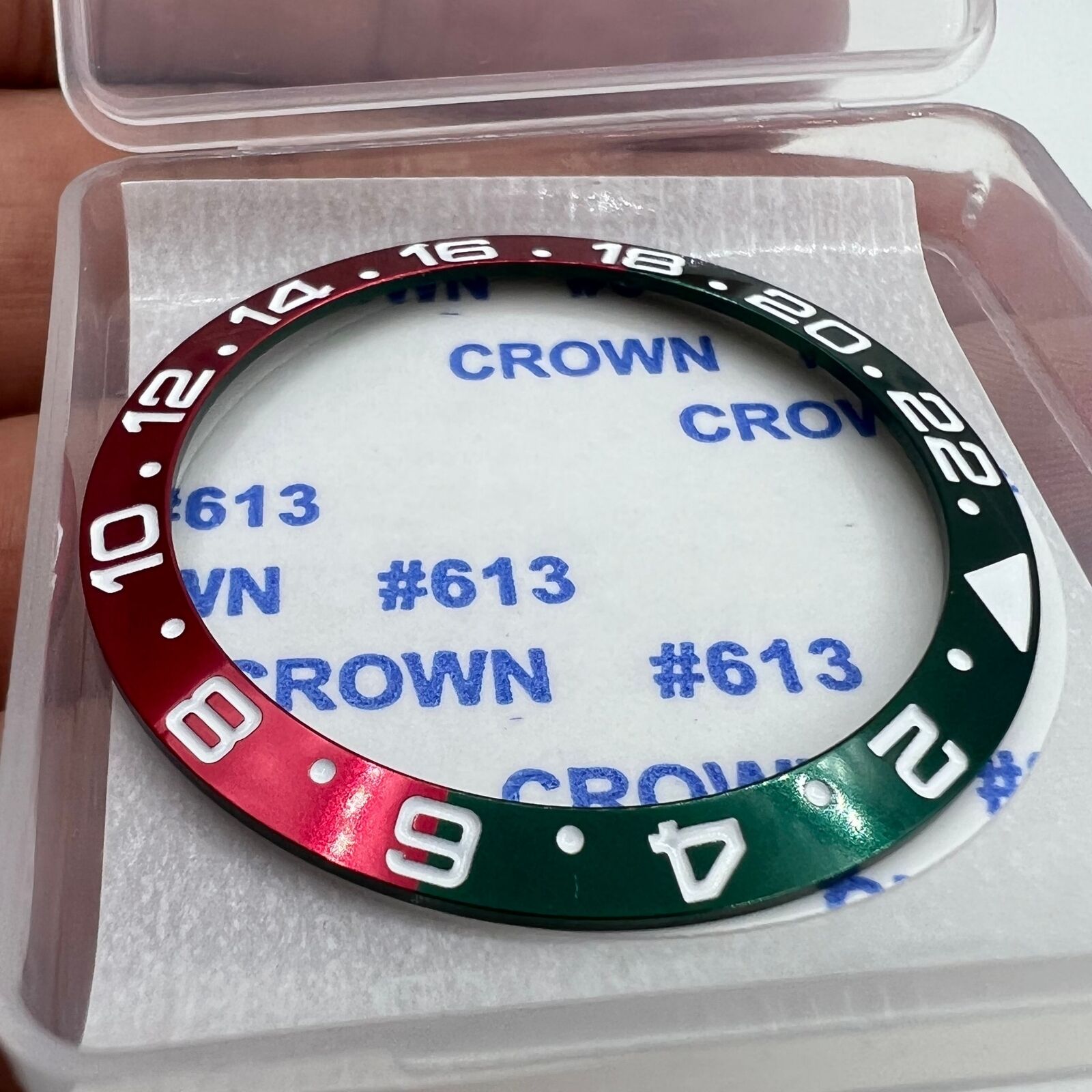 38mm green and red GMT bezel insert for RLX watch, aluminum alloy with clear numeral markings.