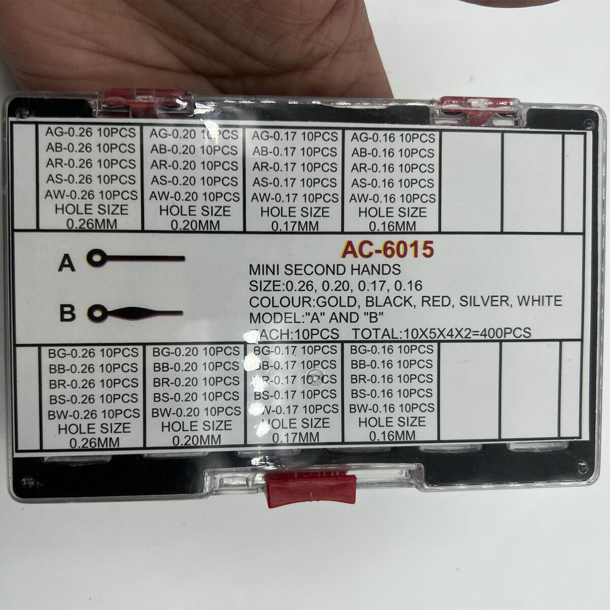 Mini second hands for watches, 0.16-0.26mm holes, multicolor, 400PCS box, precision parts for watch repair.
