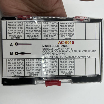 Mini second hands for watches, 0.16-0.26mm holes, multicolor, 400PCS box, precision parts for watch repair.