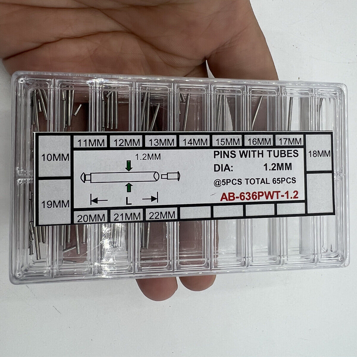 Set of 65 watch band pins with tubes, 1.2mm diameter, 13 sizes for precise band repairs
