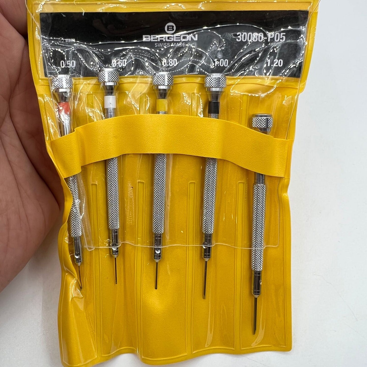 Bergeon 30080-P05 set of 5 precision screwdrivers in black pouch for detailed watch repair tasks.