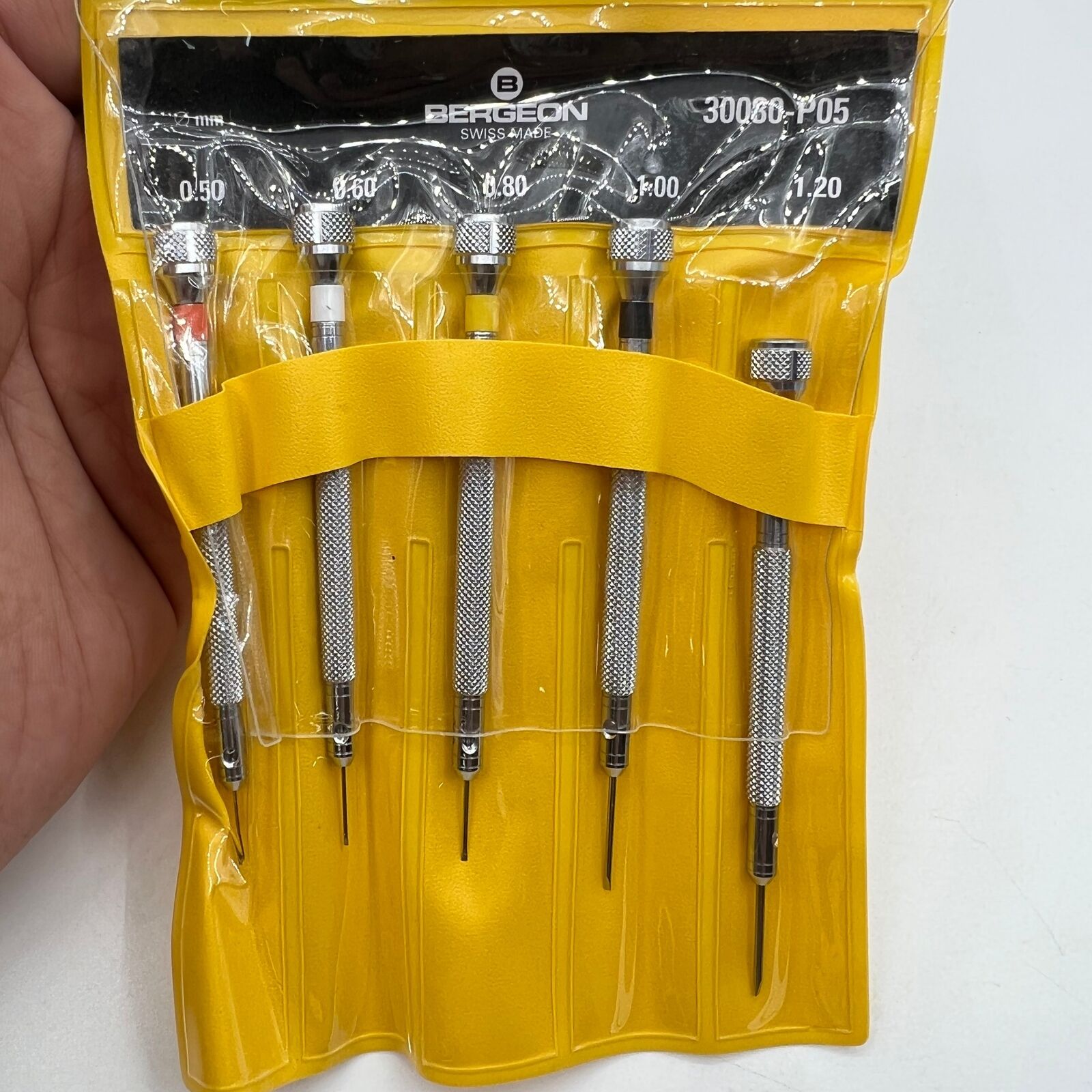 Bergeon 30080-P05 set of 5 precision screwdrivers in black pouch for detailed watch repair tasks.