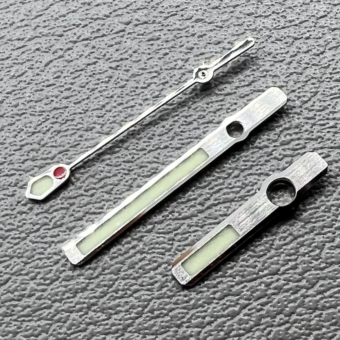 16mm Abalone watch hands set with green C3 lume and silver trim for NH36 NH35 movement by 6105.