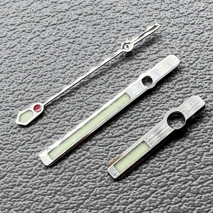 16mm Abalone watch hands set with green C3 lume and silver trim for NH36 NH35 movement by 6105.