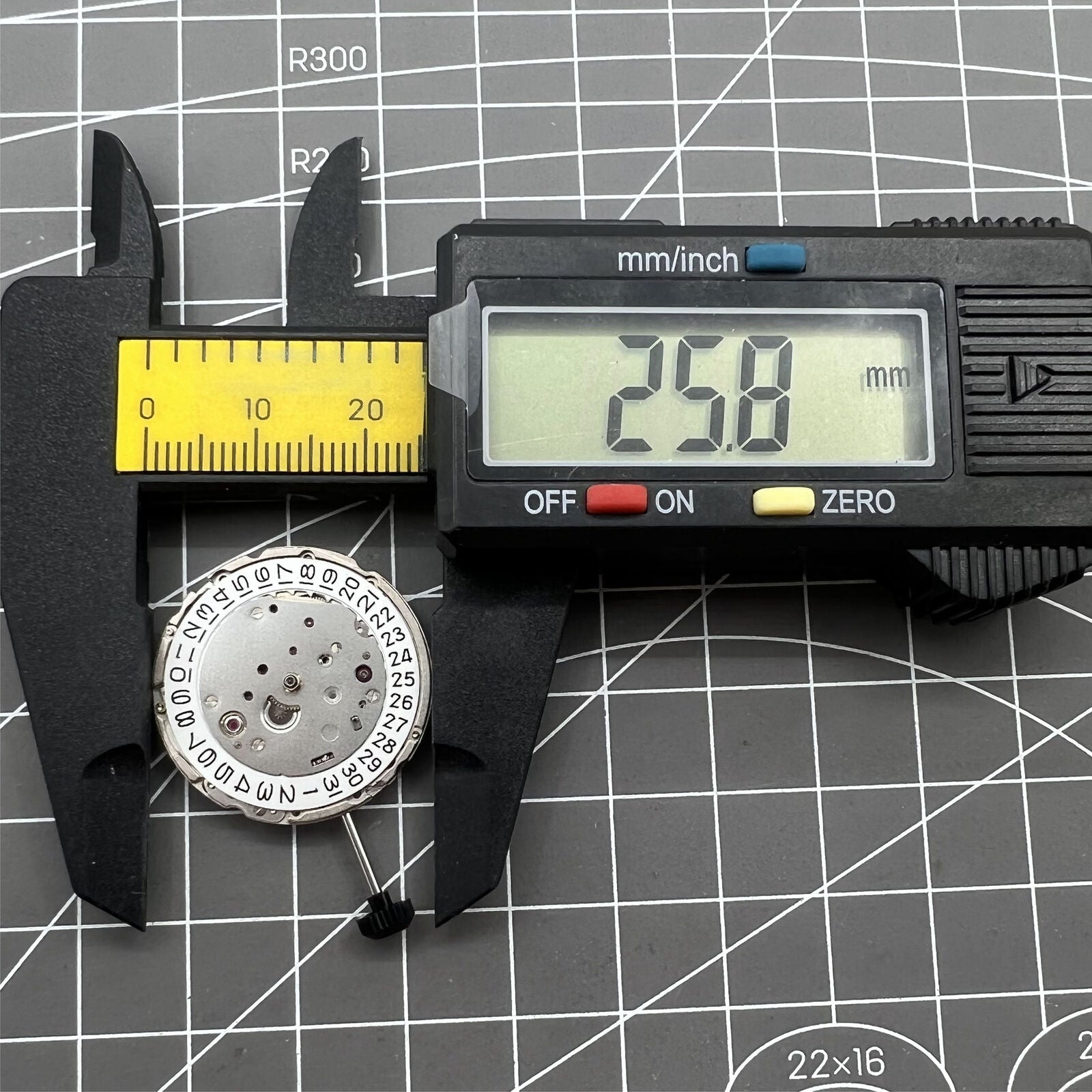 Miyota/Citizen 9019 automatic watch movement with dual date windows at 3 and 6, Japan made.