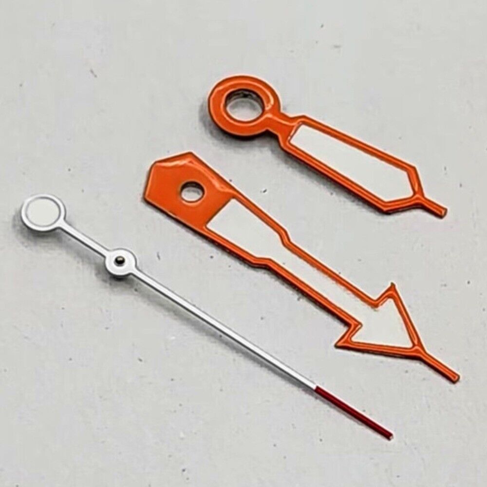 Orange-trimmed arrow-shaped red watch hands for NH35 series, enhancing precision and style.
