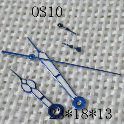 Blue-trimmed green lume watch hands for Miyota OS10 0S10, precise fit for enhanced time visibility.