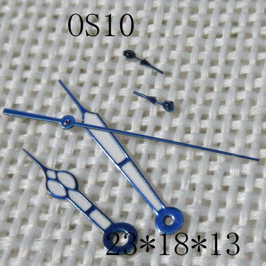 Blue-trimmed green lume watch hands for Miyota OS10 0S10, precise fit for enhanced time visibility.