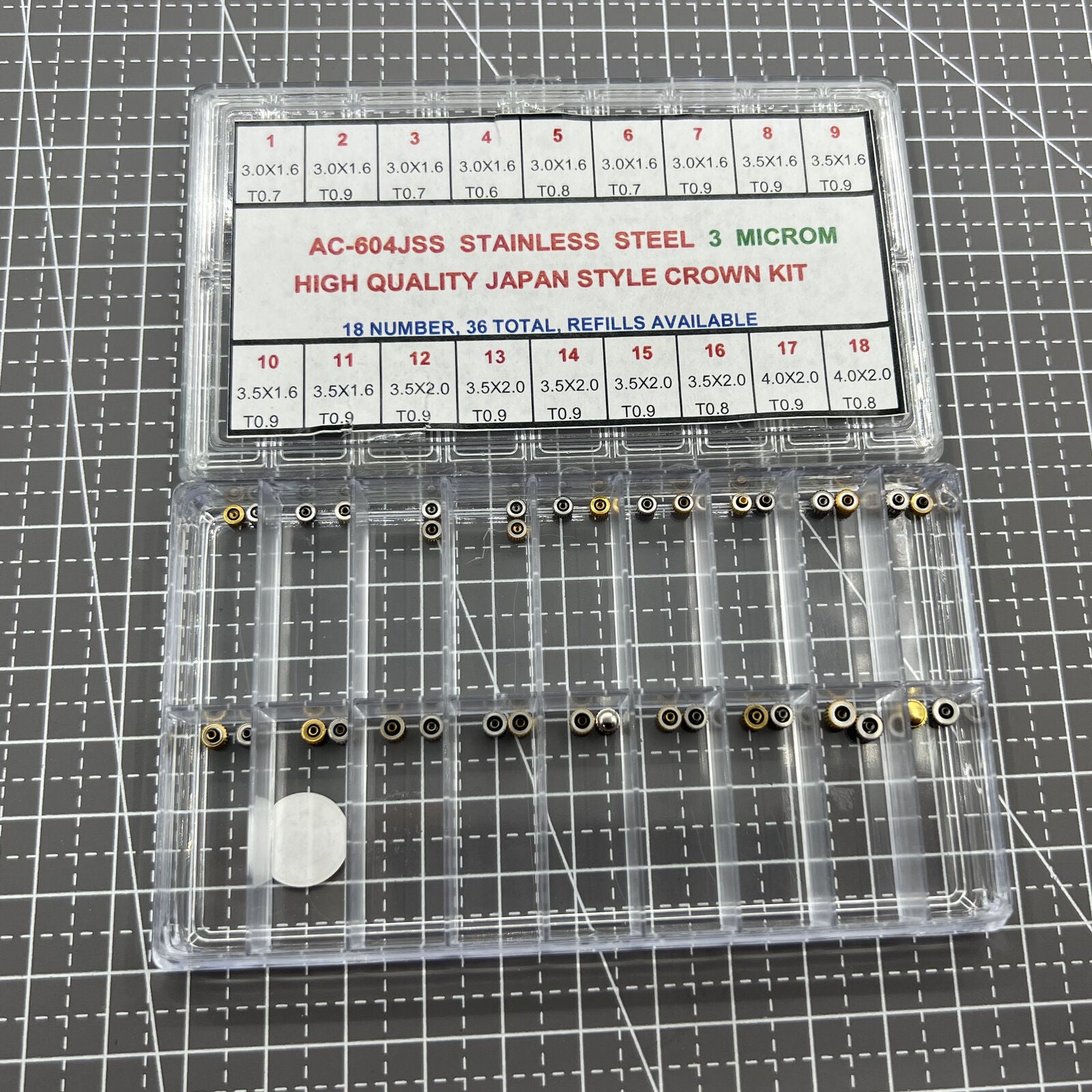 Stainless steel watch crown kit with 36 Japan style pieces for precise watch repairs and replacements.