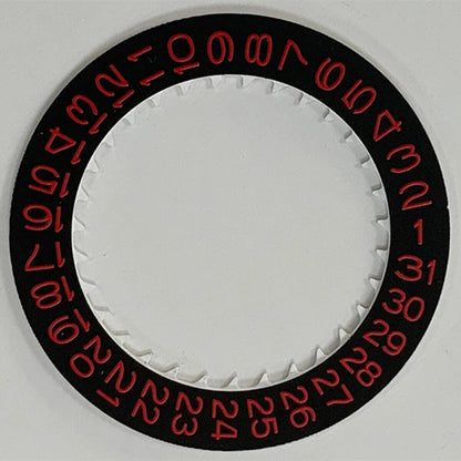 Red font date disk wheel on black background, compatible with NH35 watch movement, for accurate date display.