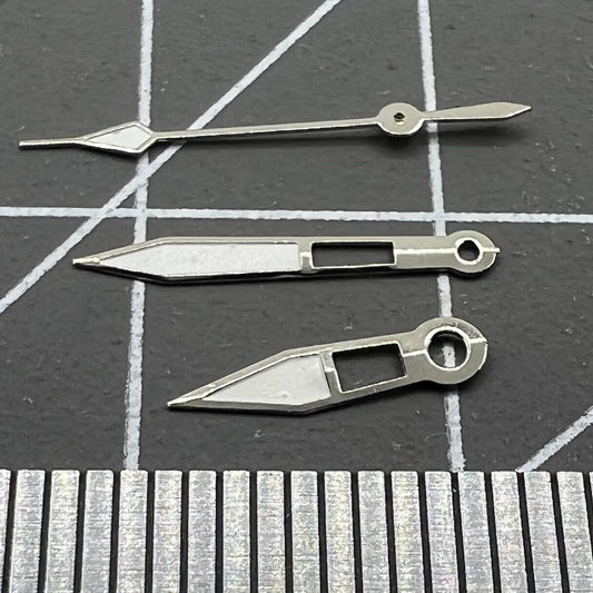 Lume arrow-shaped watch hands by P1, designed for Miyota 2035 quartz, improving dial visibility and style.