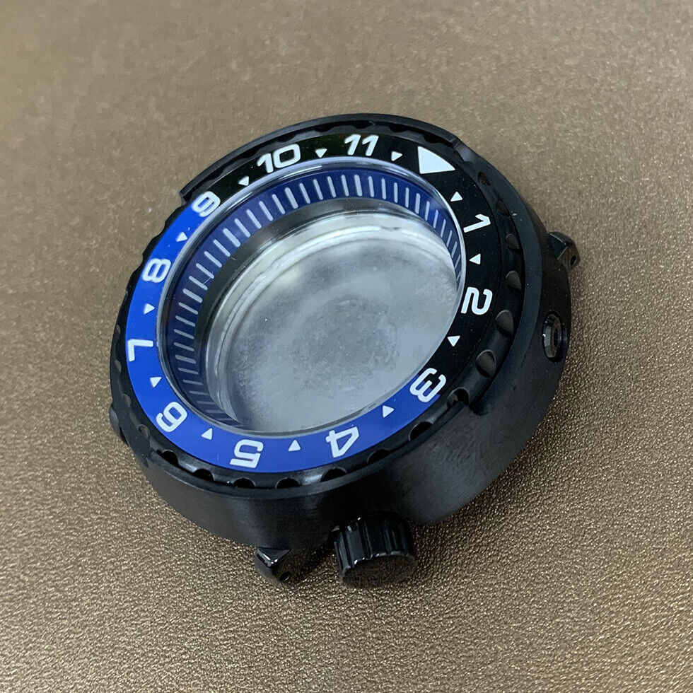 45mm PVD black stainless steel watch case with ceramic ring and mineral glass, compatible with NH35 movement.