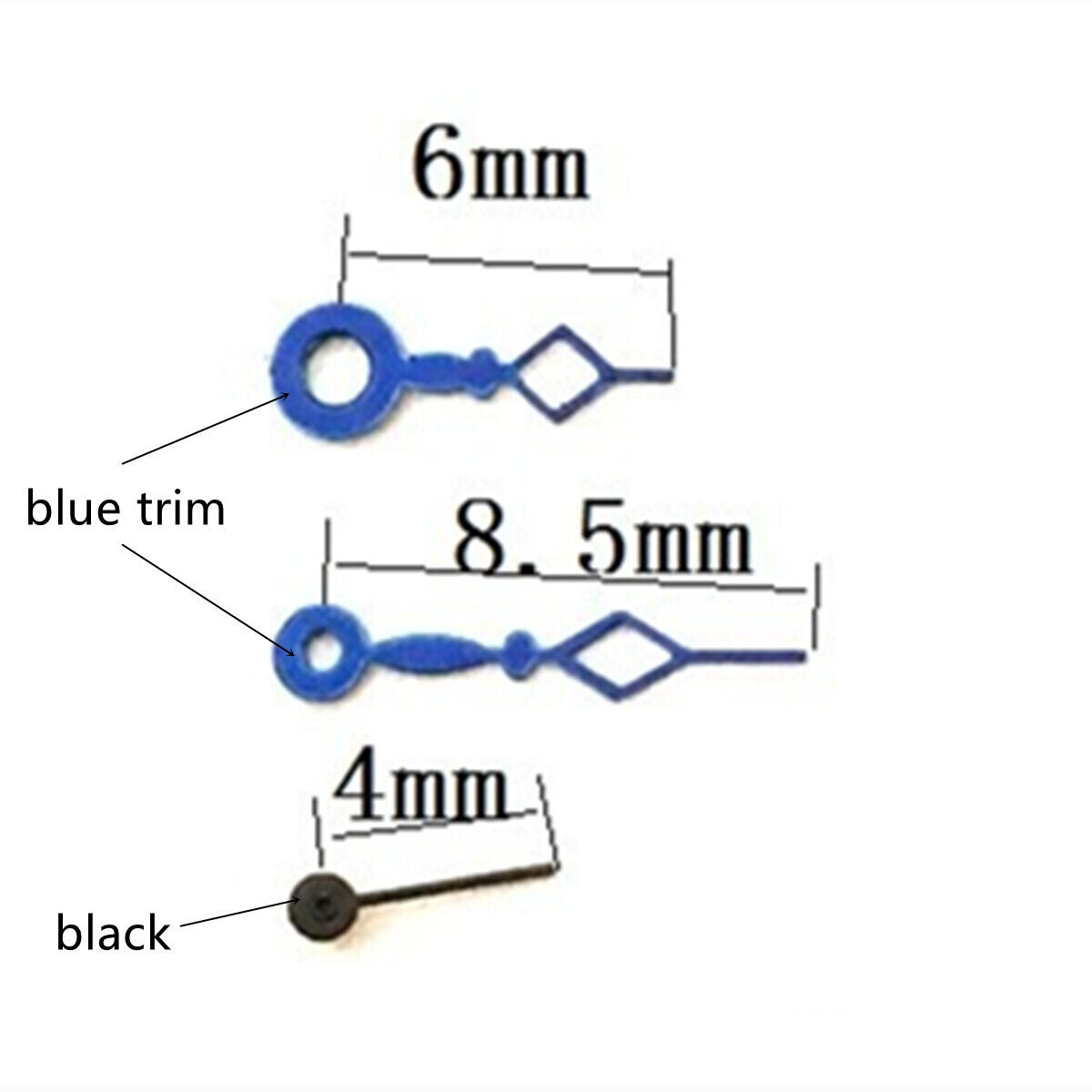 Blue trim hollow watch hands with diamond tips, compatible with Miyota 1L45 quartz movement.