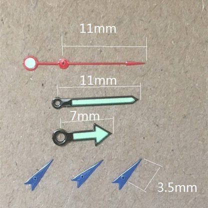 11mm green luminous arrow watch hands for Miyota OS10 OS20 OS60 OS80, ideal for precise time reading.