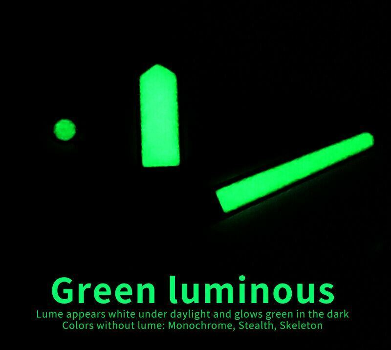 Green luminous watch hands set by SKX for SKX007 SRP Turtle series, ensuring clear time reading in darkness.