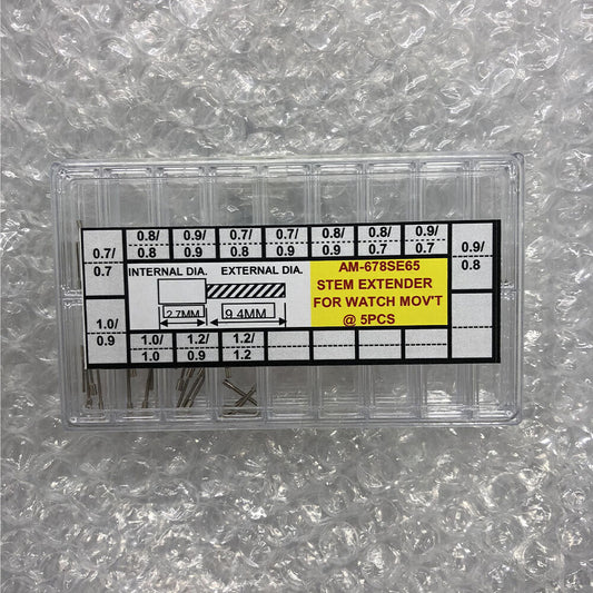 AM-678SE65 watch winding stem extenders set, 13 sizes, 65 pieces, compatible with various watch movements for precise adjustments.