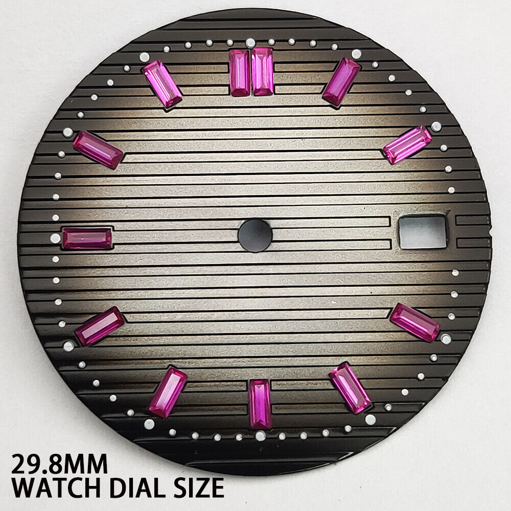 29.8mm pink gemstone nail on grey watch dial, compatible with NH35 movement, stylish accessory.