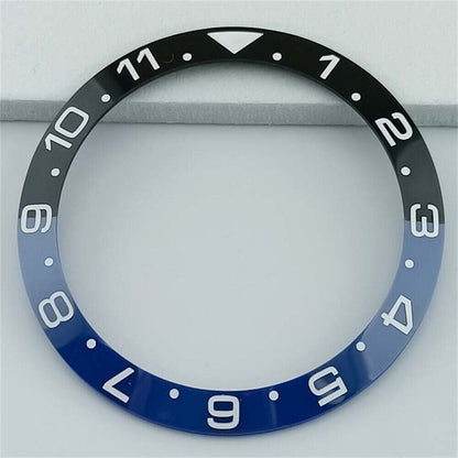 38mm black and blue ceramic GMT bezel with white and gold font, designed for SUB watches.