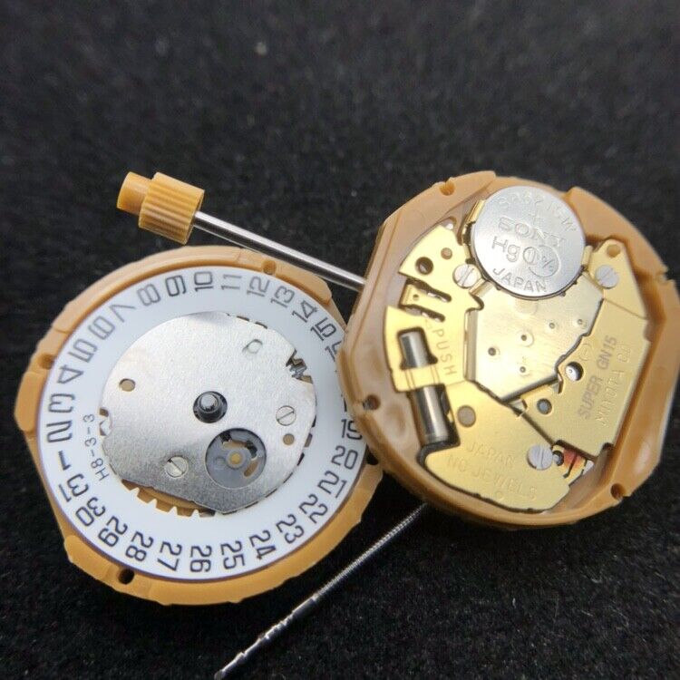Miyota GN15 quartz watch movement featuring date displays at 3 and 6 o'clock for precise timekeeping.