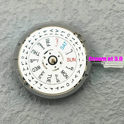 Japan Made NH36 automatic watch movement with Arabic date dial and crown at 3 o'clock, precise and durable.