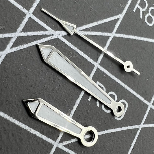Green lume 13mm watch hands with silver trim for Miyota 2315 2035 2036 2115 2305 movements.