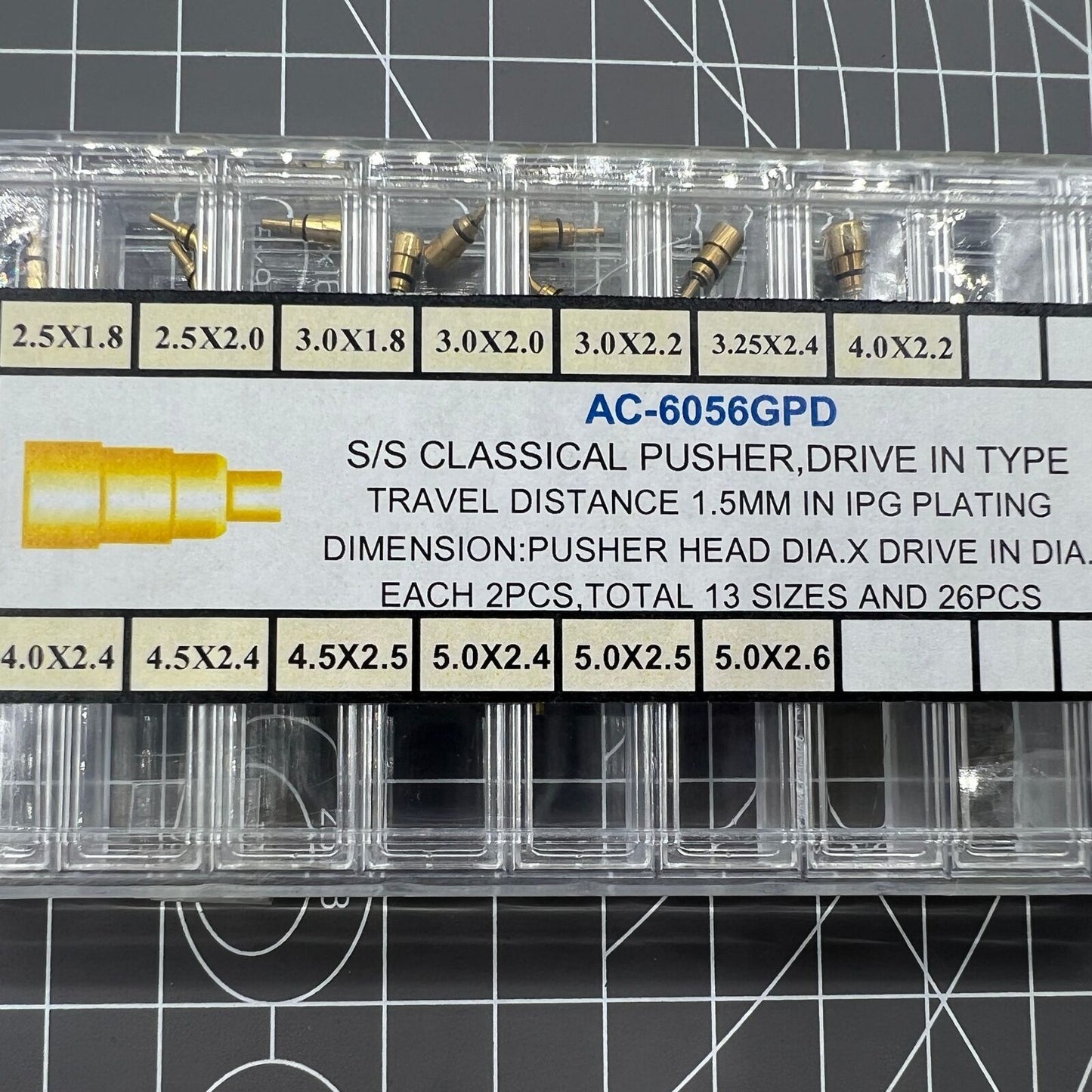 26pcs stainless steel golden watch pushers in 13 sizes, classical design for precise drive-in type adjustments.