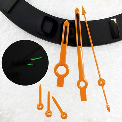 Orange-trimmed black watch hands with green lume, designed for Japan-made VK63 movement.