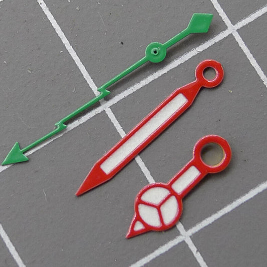 Green Lightning watch hands with red trim lume, compatible with NH35, NH36, SKX007, SBBN models.