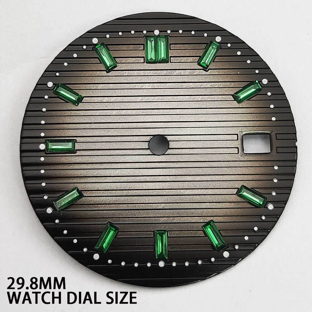 Green imitation gemstone accent on 29.8mm grey watch dial, compatible with NH35 movement,.