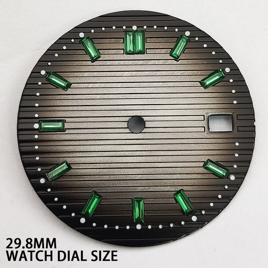 Green imitation gemstone accent on 29.8mm grey watch dial, compatible with NH35 movement,.