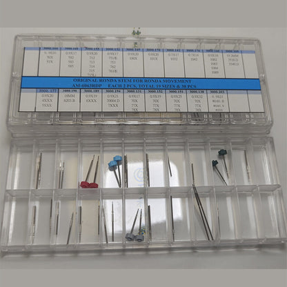 Set of 38 Ronda winding stems in 19 sizes for precise watch movement adjustments and repairs.