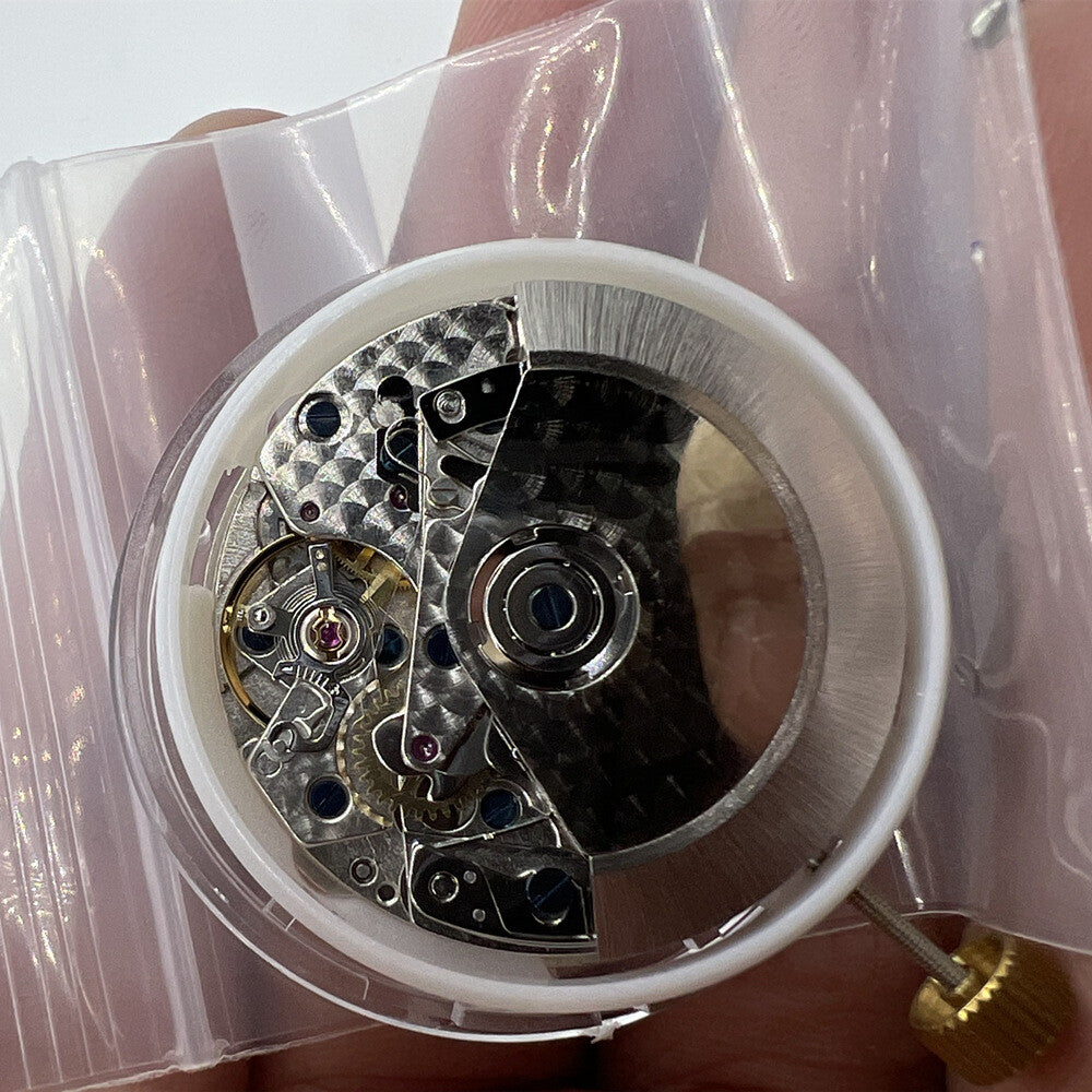 Asian 7750 chronograph watch movement ETA style with white dial, single calendar, and 9 o'clock second subdial.
