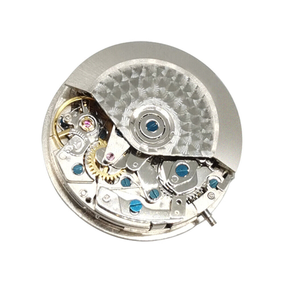 Close-up of Asian 7750 Automatic Chronograph Movement showing ETA 7753 configuration at 3, 6, and 9 o'clock positions.