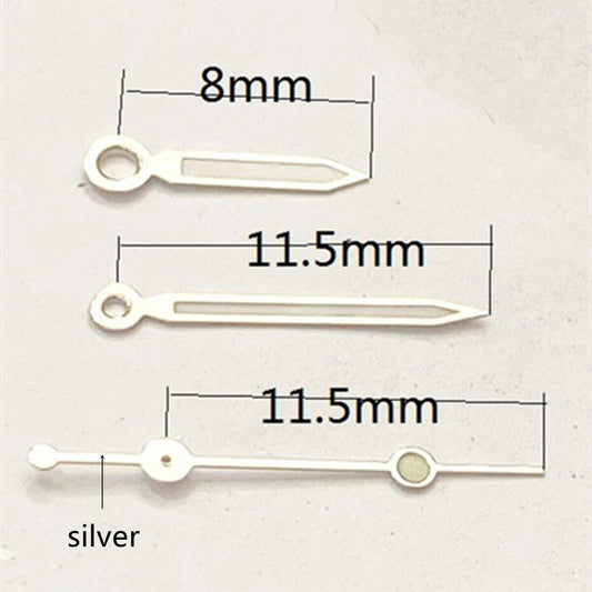 Aiguilles de montre 11,5 mm avec garniture argentée et luminescente verte pour mouvement à quartz Ronda 515