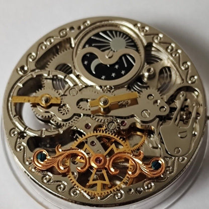 China Made Hollow double mainspring watch movement showcasing dual-zone automatic mechanical design.