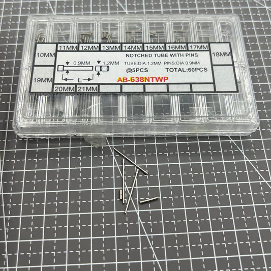 AB-638NTWP stainless steel notched tubes with pins for secure watch band assembly, 60pcs box.