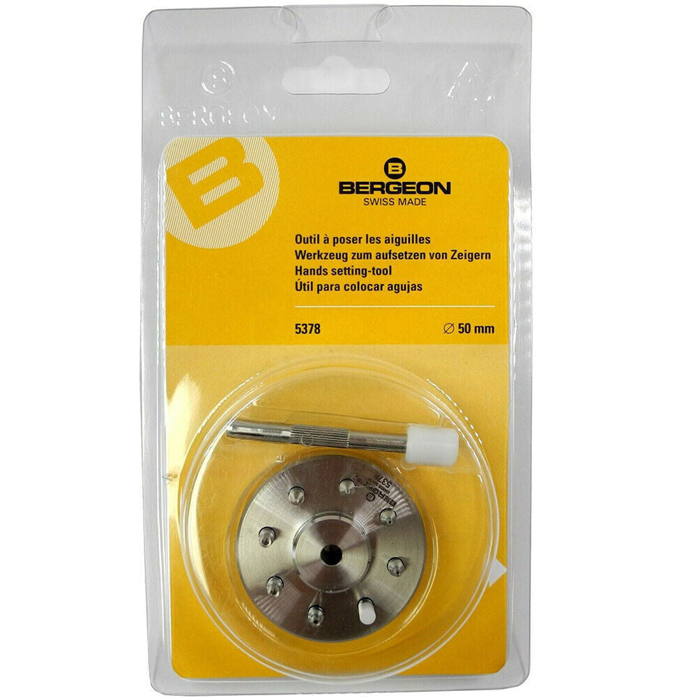 Bergeon 5378 Swiss watch hand fitting tool with 9 stakes on holder for precise watch assembly and repair.