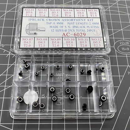 Black plated stainless steel watch crowns, 24 pieces in 12 sizes, perfect for watch repairs and customization.