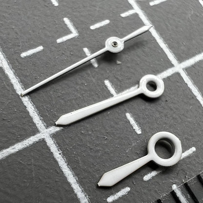 6mm Epson TMI white no lume watch hands set for VJ22 quartz movement, precise fit for repairs.