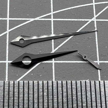 Long pointed black watch hands by NO Lume, compatible with ST3600/ST3620/ETA6497/6498 movements, precise fit.