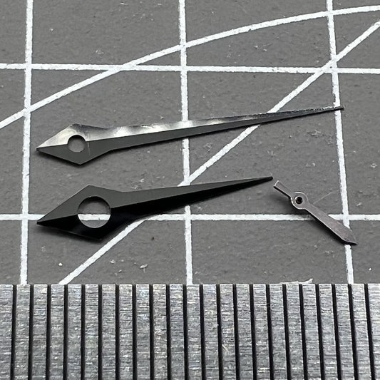 Long pointed black watch hands by NO Lume, compatible with ST3600/ST3620/ETA6497/6498 movements, precise fit.