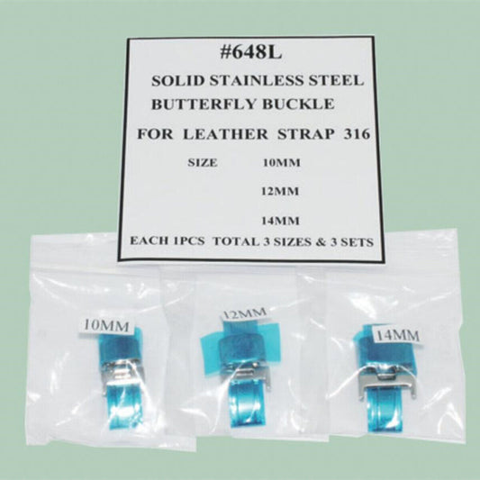 Set of 3 solid stainless steel butterfly buckles (10-14mm) for lady leather strap watches, durable and stylish.