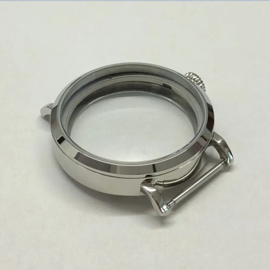 46mm 316L stainless steel watch case, compatible with ETA6497/6498 movements, sleek design for custom builds.