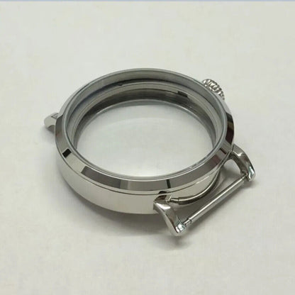 46mm 316L stainless steel watch case, compatible with ETA6497/6498 movements, sleek design for custom builds.