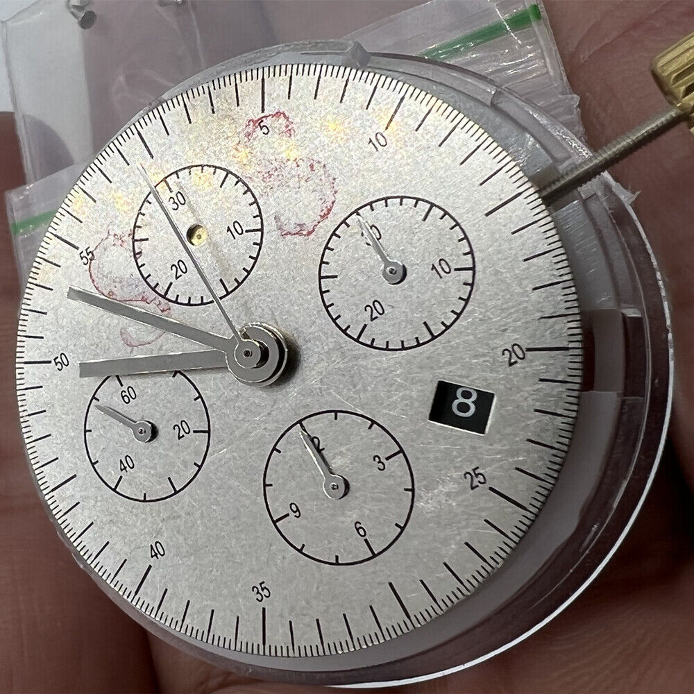 Asian 7750 chronograph movement with black dial, single calendar, and second subdial at 9 o'clock.